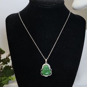 Silver Jade Green Buddah Pendant with Chain Necklace